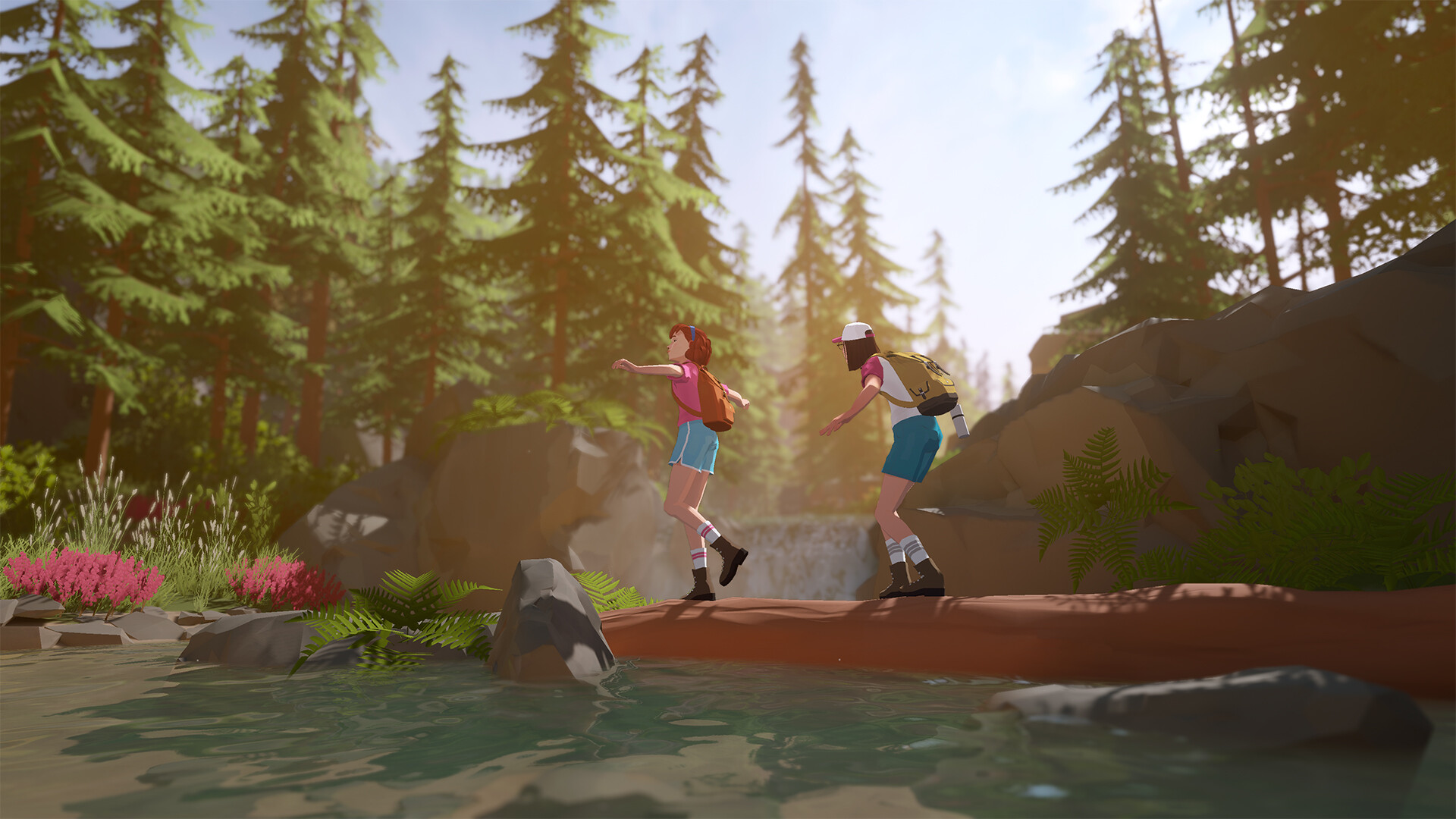 Official Steam screenshot of a cream van on a dusk forest road in Forever Ago